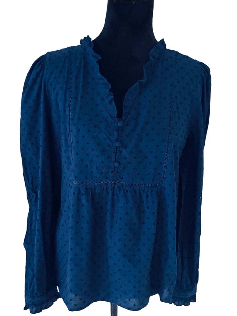 Ann Taylor LOFT Sz SMALL Navy Swiss Dot V-Neck Ruffle Trim Babydoll Blouse Top - Picture 4 of 11
